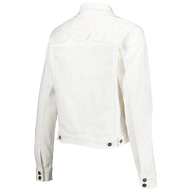 Women's Lusso White Golden State Warriors Swarovski Crystal & Distressed Button-Up Denim Jacket