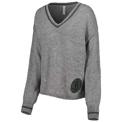 Women's Lusso Gray Brooklyn Nets Scarletts Lantern Sleeve Tri-Blend V-Neck Pullover Sweater