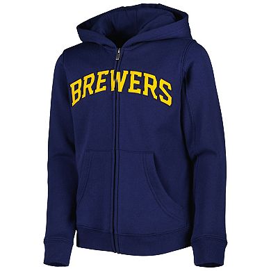 Youth Navy Milwaukee Brewers Wordmark Full-Zip Fleece Hoodie