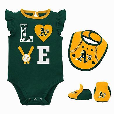 Newborn & Infant Green/Gold Oakland Athletics Three-Piece Love of Baseball Bib Bodysuit & Booties Set