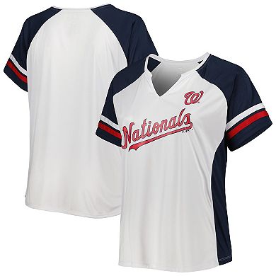 Women's White/Navy Washington Nationals Plus Size Notch Neck T-Shirt