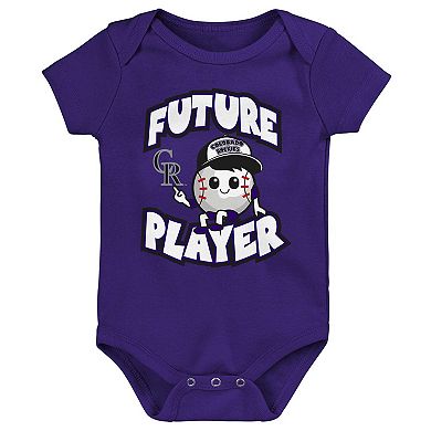 Infant Purple/Black/White Colorado Rockies Minor League Player Three-Pack Bodysuit Set