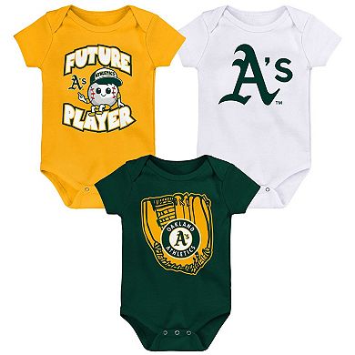 Infant Gold/Green/White Oakland Athletics Minor League Player Three-Pack Bodysuit Set