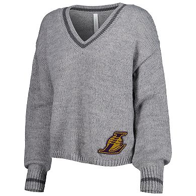 Women's Lusso Gray Los Angeles Lakers Scarletts Lantern Sleeve Tri-Blend V-Neck Pullover Sweater