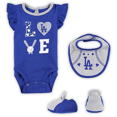 Newborn & Infant Royal/Heather Gray Los Angeles Dodgers Three-Piece Love of Baseball Bib Bodysuit & Booties Set