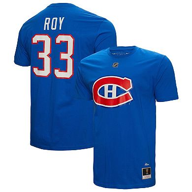 Men's Mitchell & Ness Patrick Roy Blue Montreal Canadiens Name & Number T-Shirt