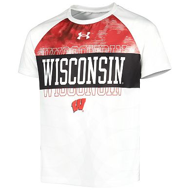 Youth Under Armour White Wisconsin Badgers Gameday Print Raglan T-Shirt