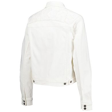 Women's Lusso White Los Angeles Lakers Swarovski Crystal & Distressed Button-Up Denim Jacket