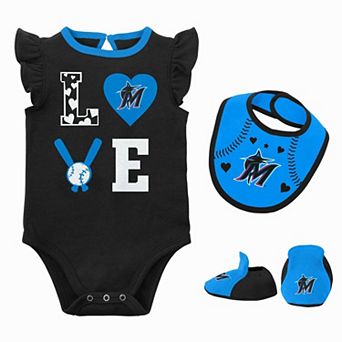 Newborn & Infant Black/Blue Miami Marlins Three-Piece Love of Baseball Bib Bodysuit & Booties Set