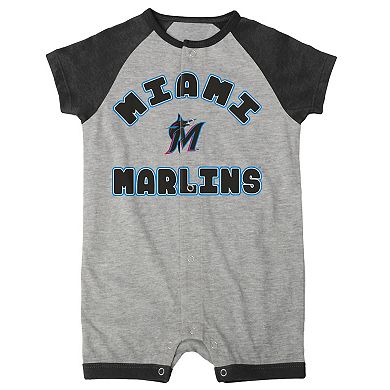 Infant Heather Gray Miami Marlins Extra Base Hit Raglan Full-Snap Romper