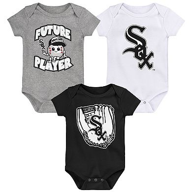 Newborn & Infant Heather Gray/Black/White Chicago White Sox Minor League Player Three-Pack Bodysuit Set