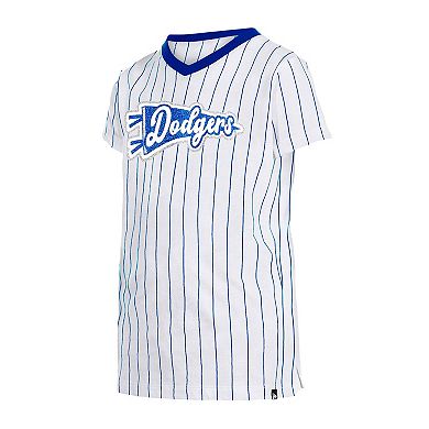 Girls Youth New Era White Los Angeles Dodgers Pinstripe V-Neck T-Shirt