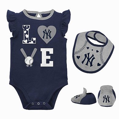 Newborn & Infant Navy/Heather Gray New York Yankees Three-Piece Love of Baseball Bib Bodysuit & Booties Set