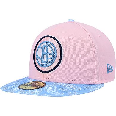 Men's New Era Pink/Light Blue Brooklyn Nets Paisley Visor 59FIFTY Fitted Hat