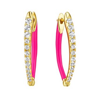 14k Gold Over Silver White Topaz & Pink Enamel Pave Hoop Earrings
