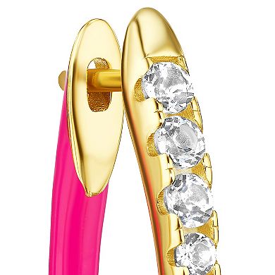 Sterling Silver White Topaz & Pink Enamel Pave Hoop Earrings