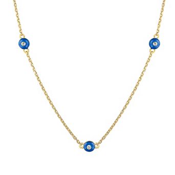 14k Gold Over Silver White Topaz & Blue Enamel Station Necklace