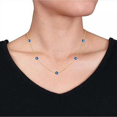 14k Gold Over Silver White Topaz & Blue Enamel Station Necklace
