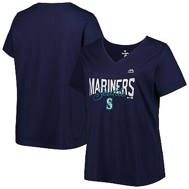 Women's Navy Seattle Mariners Plus Size Wordmark V-Neck T-Shirt