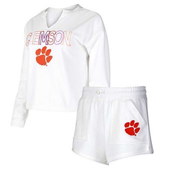 Women's Concepts Sport White Clemson Tigers Sunray Notch Neck Long Sleeve T-Shirt & Shorts Set