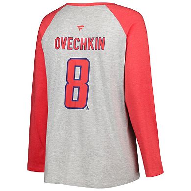 Women's Fanatics Branded Alexander Ovechkin Heather Gray/Heather Red Washington Capitals Plus Size Name & Number Raglan Long Sleeve T-Shirt