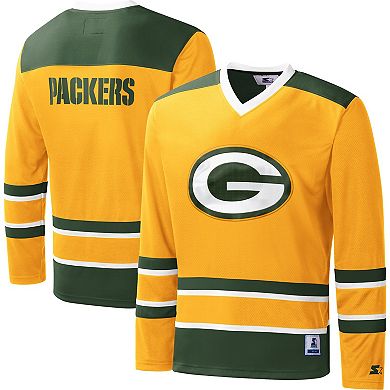 Men's Starter Gold Green Bay Packers Cross-Check V-Neck Long Sleeve T-Shirt