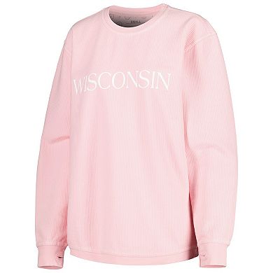 Women's Pressbox Pink Wisconsin Badgers Comfy Cord Bar Print Pullover Sweatshirt