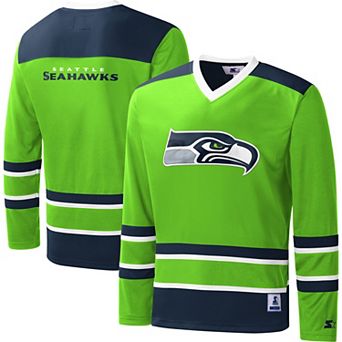 Men's Starter Neon Green Seattle Seahawks Cross-Check V-Neck Long Sleeve T-Shirt