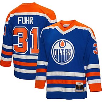 Men's Mitchell & Ness Grant Fuhr Royal Edmonton Oilers 1986 Blue Line Player Jersey