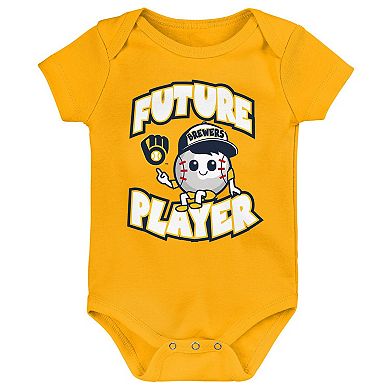Newborn & Infant Gold/Navy/White Milwaukee Brewers Minor League Player Three-Pack Bodysuit Set