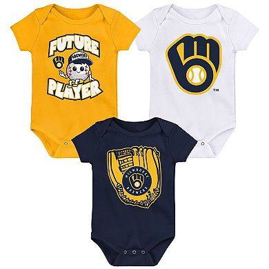 Newborn & Infant Gold/Navy/White Milwaukee Brewers Minor League Player Three-Pack Bodysuit Set