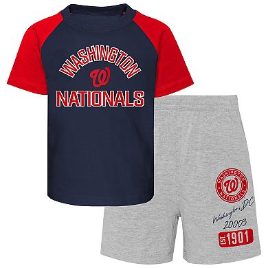 Toddler Navy/Heather Gray Washington Nationals Two-Piece Groundout Baller Raglan T-Shirt & Shorts Set