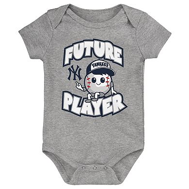 Newborn & Infant Heather Gray/Navy/White New York Yankees Minor League Player Three-Pack Bodysuit Set