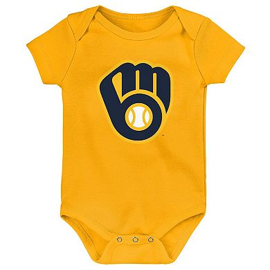 Infant Gold/White/Heather Gray Milwaukee Brewers Biggest Little Fan 3-Pack Bodysuit Set