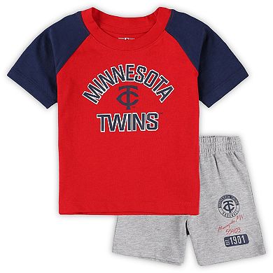 Infant Red/Heather Gray Minnesota Twins Ground Out Baller Raglan T-Shirt and Shorts Set