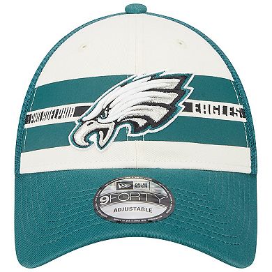 Men's New Era Cream/Midnight Green Philadelphia Eagles Team Stripe Trucker 9FORTY Snapback Hat