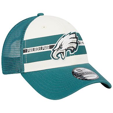 Men's New Era Cream/Midnight Green Philadelphia Eagles Team Stripe Trucker 9FORTY Snapback Hat