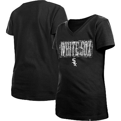 Girls Youth New Era Black Chicago White Sox Flip Sequin Team V-Neck T-Shirt