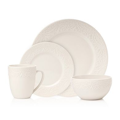 Godinger Silver Florence Embossed Porcelain 16-Piece Dinnerware Set, Service For 4