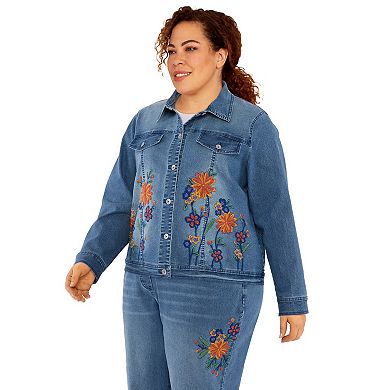 Plus Size Alfred Dunner Flower Embroidered Denim Jacket