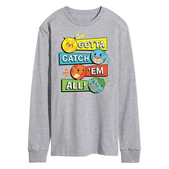 Men's Pokemon Catch 'Em All Text Boxes Long Sleeve Graphic Tee