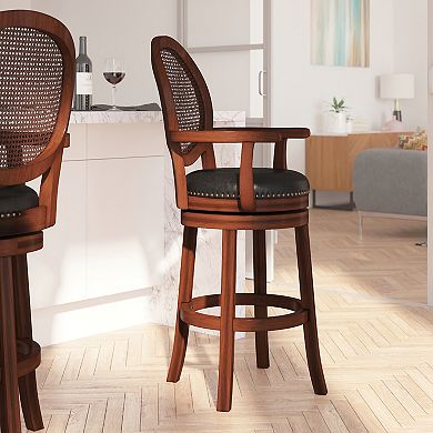 Merrick Lane Mathieu Swivel Stool with Oval Rattan Back, Arms and Upholstered Swivel Seat