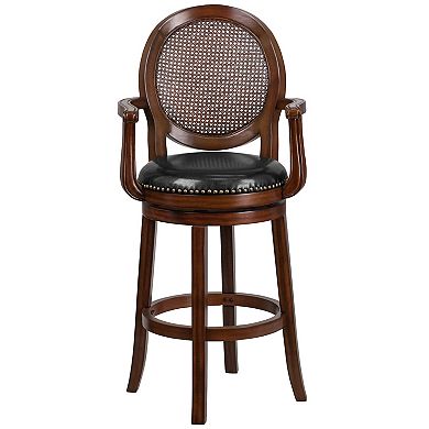 Merrick Lane Mathieu Swivel Stool with Oval Rattan Back, Arms and Upholstered Swivel Seat