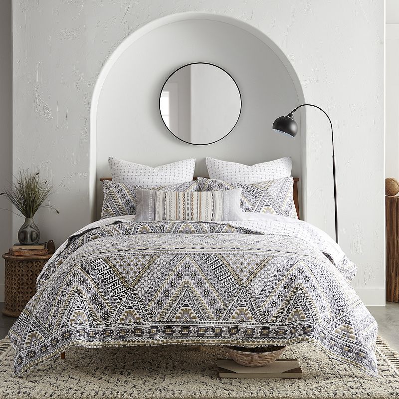 Levtex Home - Etrada Quilt Set - Full/Queen Quilt and Two Standard Shams - Geometric - Taupe  Grey  Brown and White - Quilt (88x92in.) and Shams (20x26in.) - Reversible - Cotton