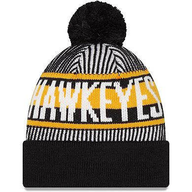Men's New Era  Black Iowa Hawkeyes Logo Striped Cuff Knit Hat with Pom