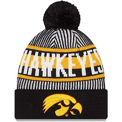 Men's New Era  Black Iowa Hawkeyes Logo Striped Cuff Knit Hat with Pom