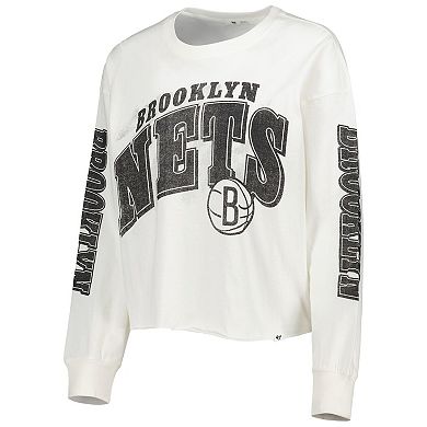 Women's '47 Cream Brooklyn Nets Parkway Brush Back Long Sleeve Cropped T-Shirt