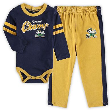 Newborn & Infant Navy/Gold Notre Dame Fighting Irish Little Kicker Long Sleeve Bodysuit & Sweatpants Set