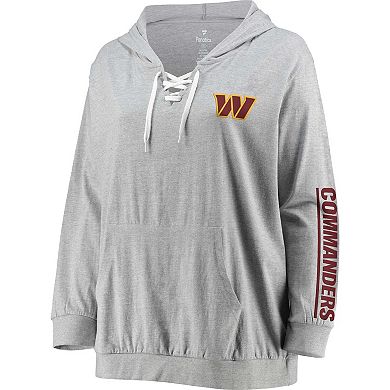Women's Fanatics Branded Heather Gray Washington Commanders Plus Size Lace-Up V-Neck Pullover Hoodie