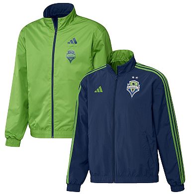 Men's adidas Navy/Green Seattle Sounders FC 2023 On-Field Anthem Full-Zip Reversible Team Jacket